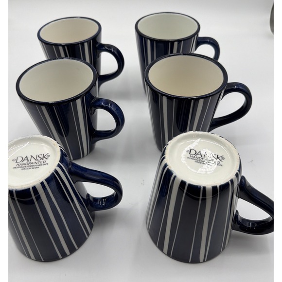 DANSK Mugs, Set Of 6, Cobalt Blue/White Stripe Hand painted, Kayla Blue, 12 oz - Picture 4 of 5